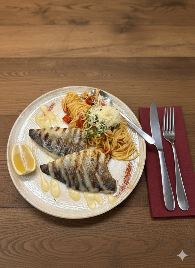 Dorade mit Spaghetti aglio e olio Restaurant Alte Schule