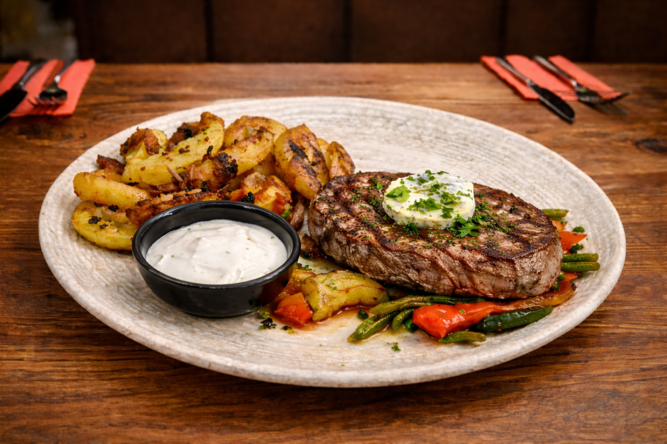 Rumpsteak mit Gemüse und Kartoffeln